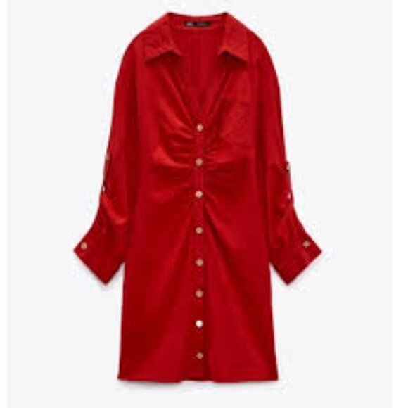 ✅ NWT Zara Red Linen Blend Dress W/ Front Ruching SIZE X-SMALL DATE NIGHT BRUNCH - Picture 1 of 7